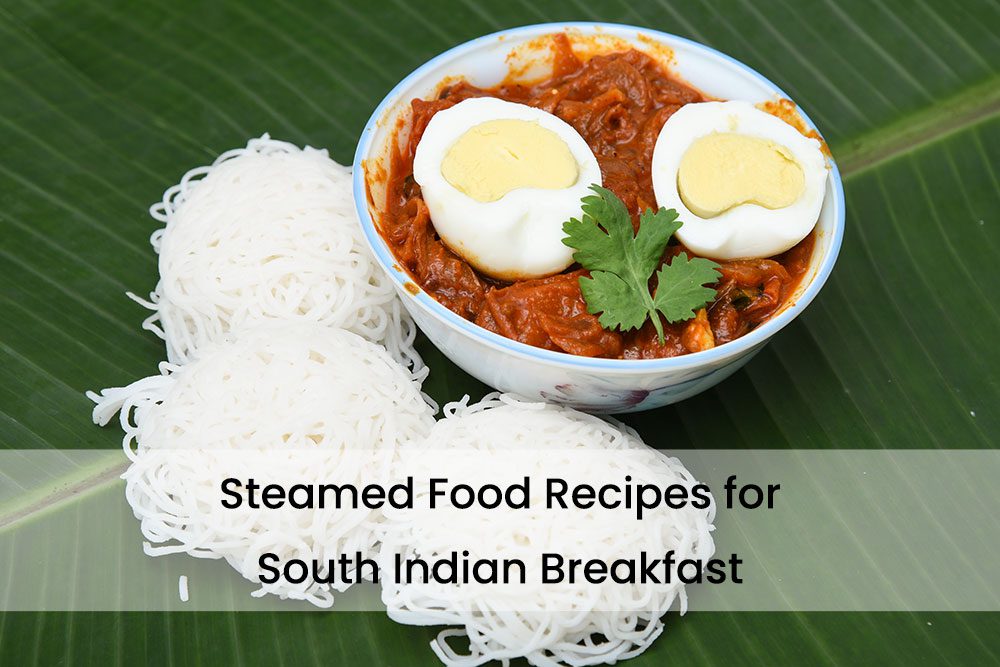 Healthy breakfast with steamed idiyappam served with egg curry on a banana leaf